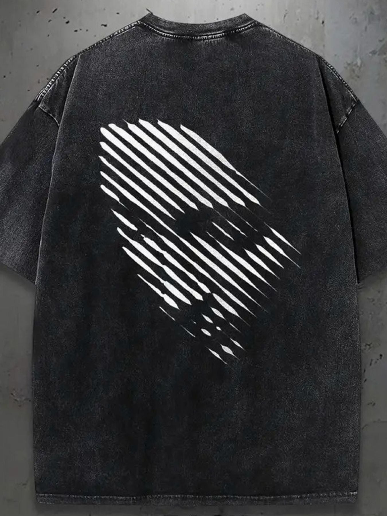 Men'S Vintage Washed Black Oversized T-Shirt - 100% Acid-Washed Soft Fabric with White Diagonal Stripes & Face Line Art Back Print, Drop Shoulder Loose Fit Round Neck Short Sleeve for Streetwear, Hip Hop, Grunge Rock Style - All-Season Casual Wear
