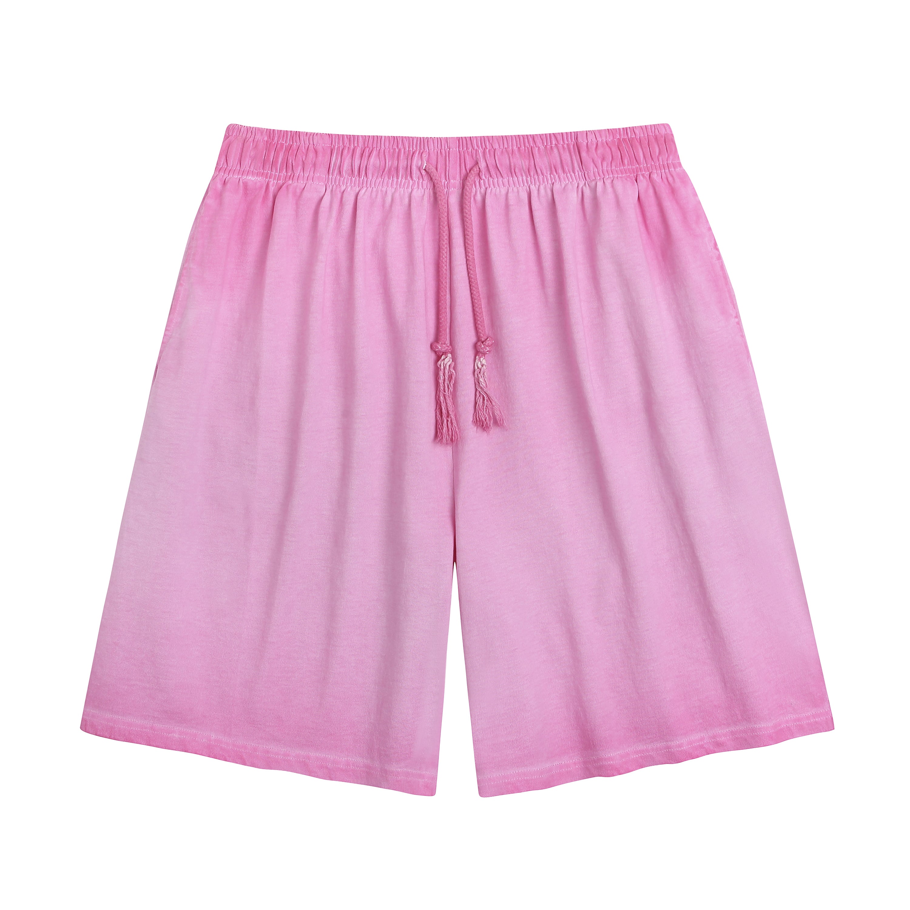 American vintage-style "dirty wash" shorts; distressed, faded, cotton-feel athletic shorts; versatile, casual unisex style.