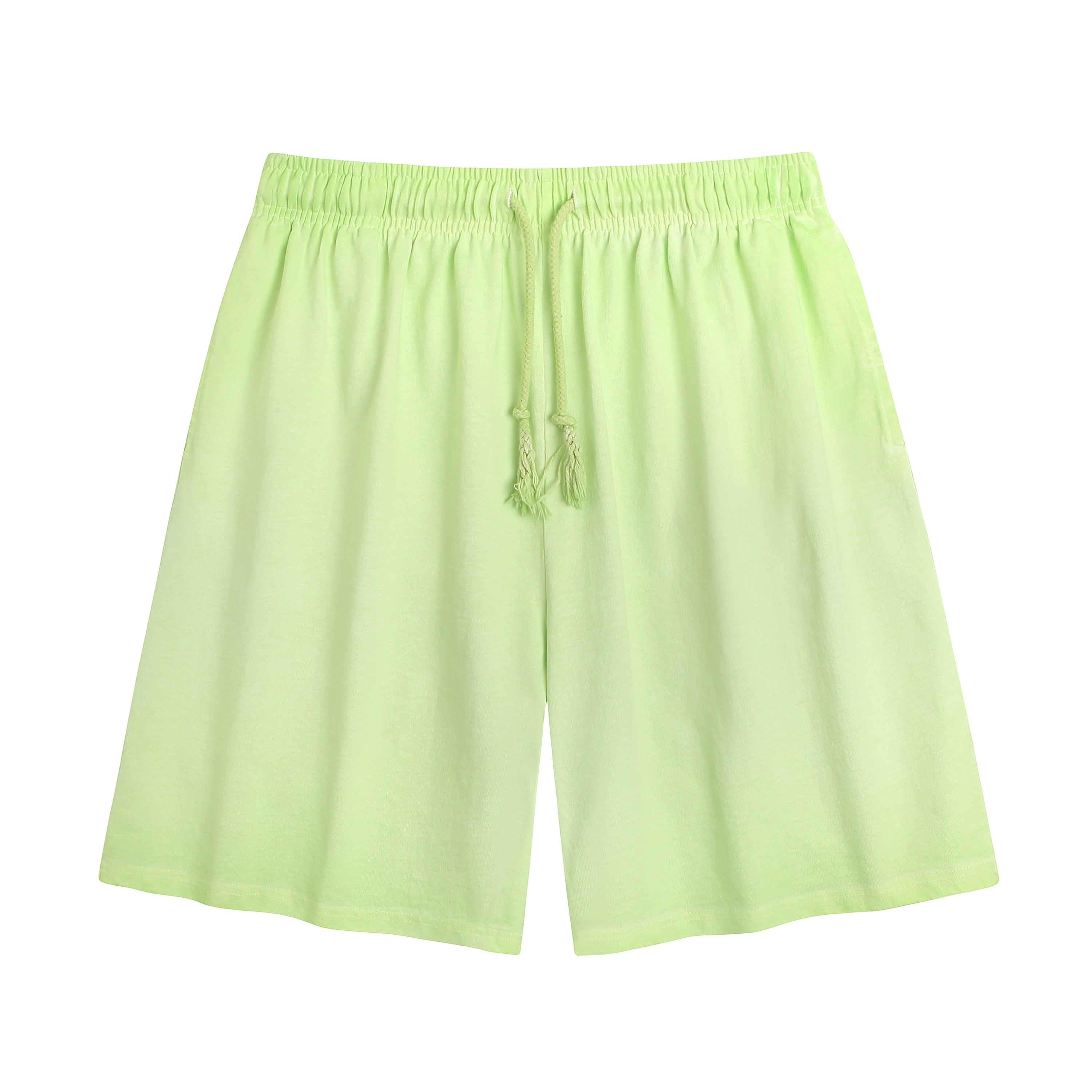 American vintage-style "dirty wash" shorts; distressed, faded, cotton-feel athletic shorts; versatile, casual unisex style.