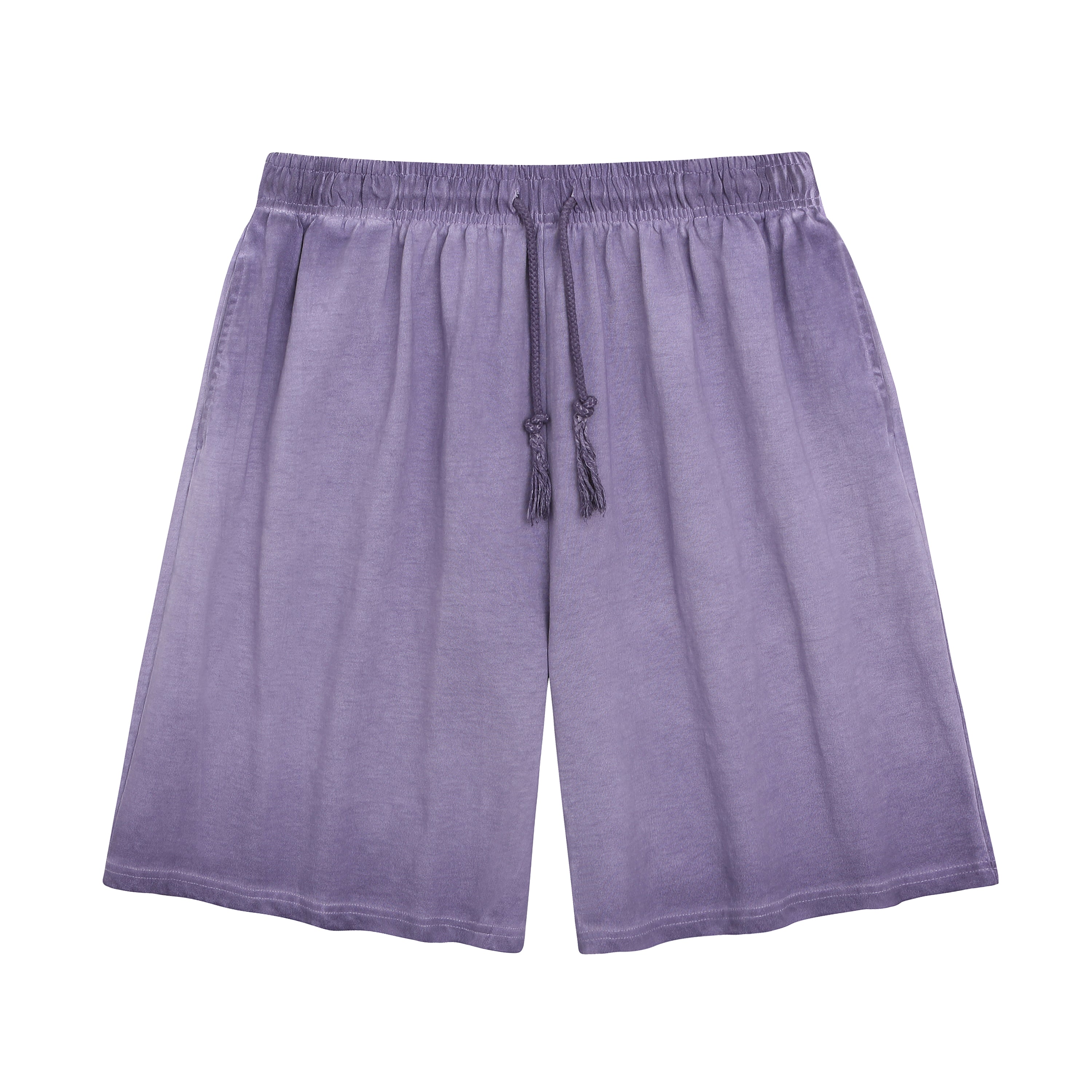 American vintage-style "dirty wash" shorts; distressed, faded, cotton-feel athletic shorts; versatile, casual unisex style.