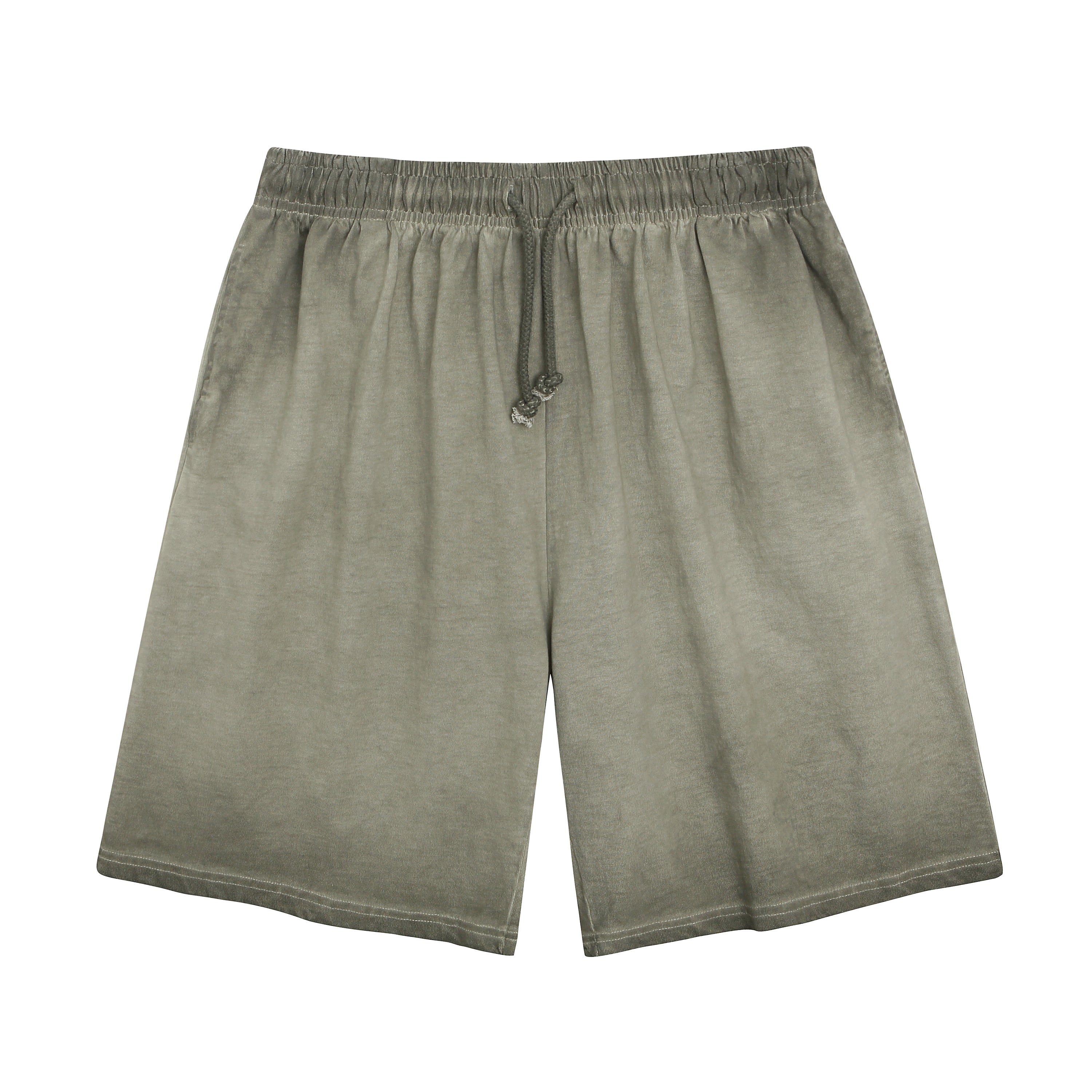 American vintage-style "dirty wash" shorts; distressed, faded, cotton-feel athletic shorts; versatile, casual unisex style.