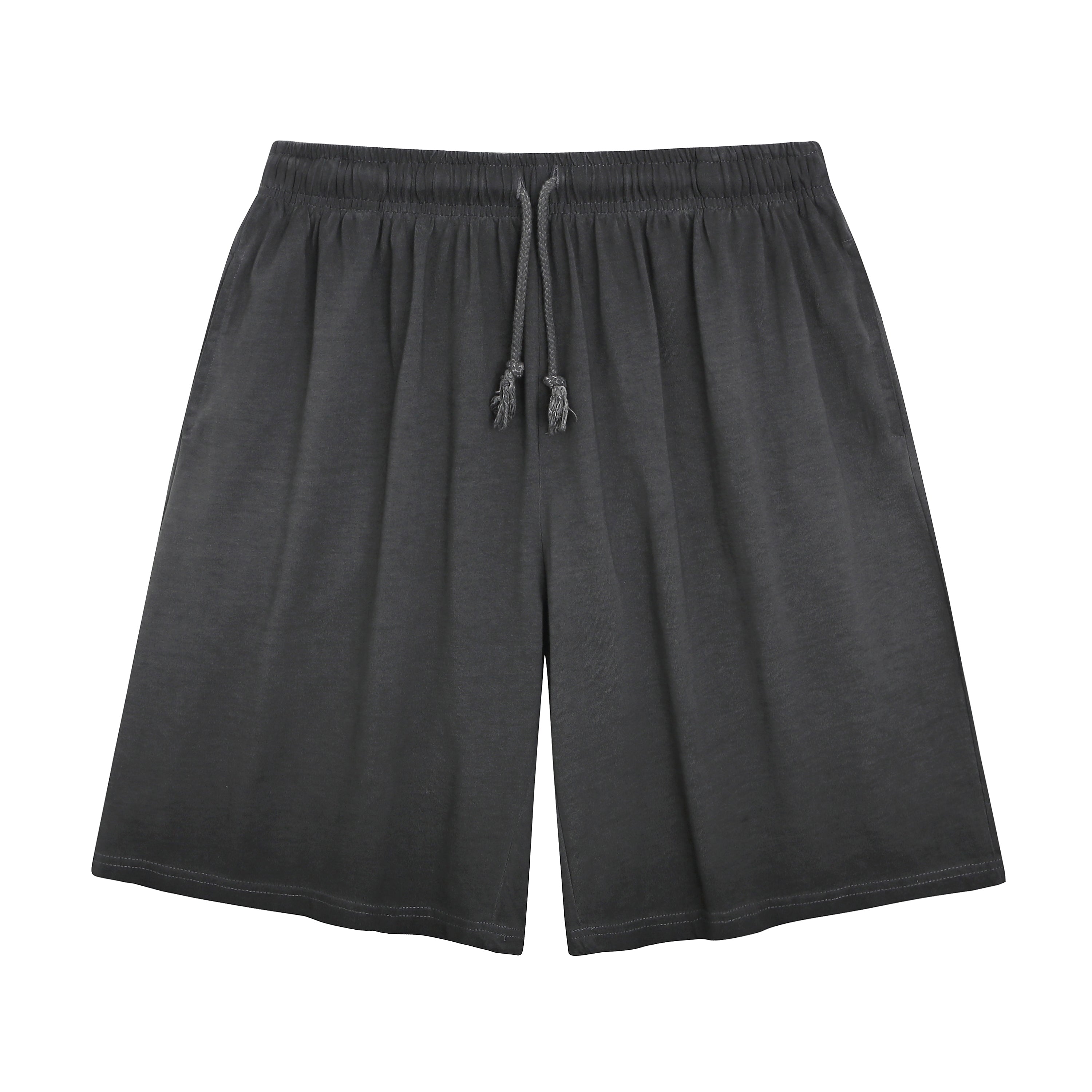 American vintage-style "dirty wash" shorts; distressed, faded, cotton-feel athletic shorts; versatile, casual unisex style.