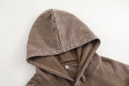 Vintage-wash distressed hooded sweatshirt—a versatile, relaxed-fit casual jacket with a laid-back, dropped-shoulder style.