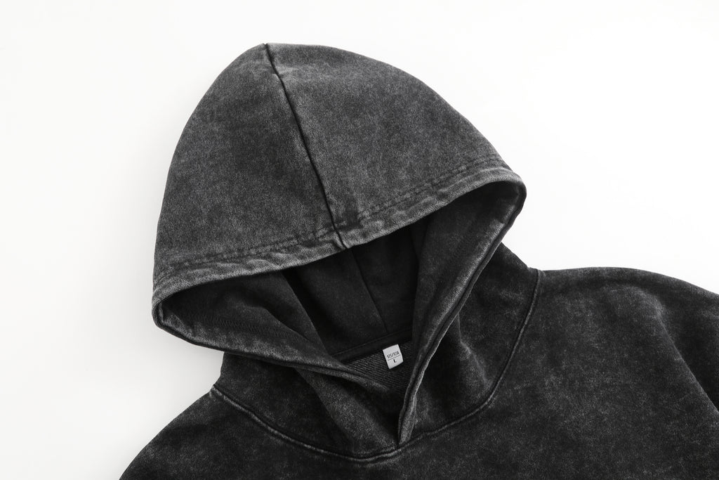 Vintage-wash distressed hooded sweatshirt—a versatile, relaxed-fit casual jacket with a laid-back, dropped-shoulder style.