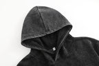 Vintage-wash distressed hooded sweatshirt—a versatile, relaxed-fit casual jacket with a laid-back, dropped-shoulder style.