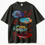 Heavyweight Cotton Oversized T-Shirt – Vintage-Washed Tropical Ornamental Fish Print – Unique Artistic Streetwear Style