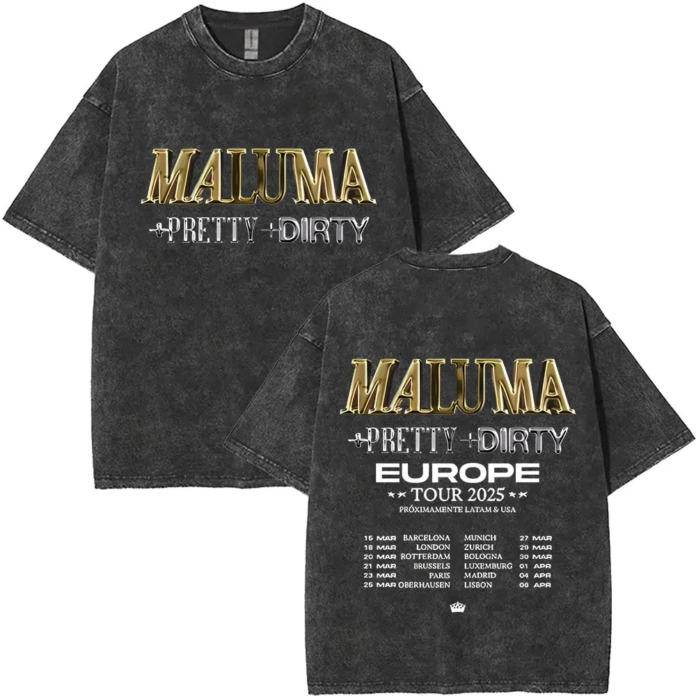 Vintage Washed Rapper Maluma Pretty Dirty Europet Tour 2025 T-shirt Men Women Fashion Oversized Tshirt Male Hip Hop Streetwear