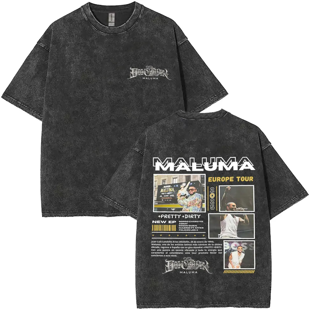 Vintage Washed Rapper Maluma Pretty Dirty Europet Tour 2025 T-shirt Men Women Fashion Oversized Tshirt Male Hip Hop Streetwear
