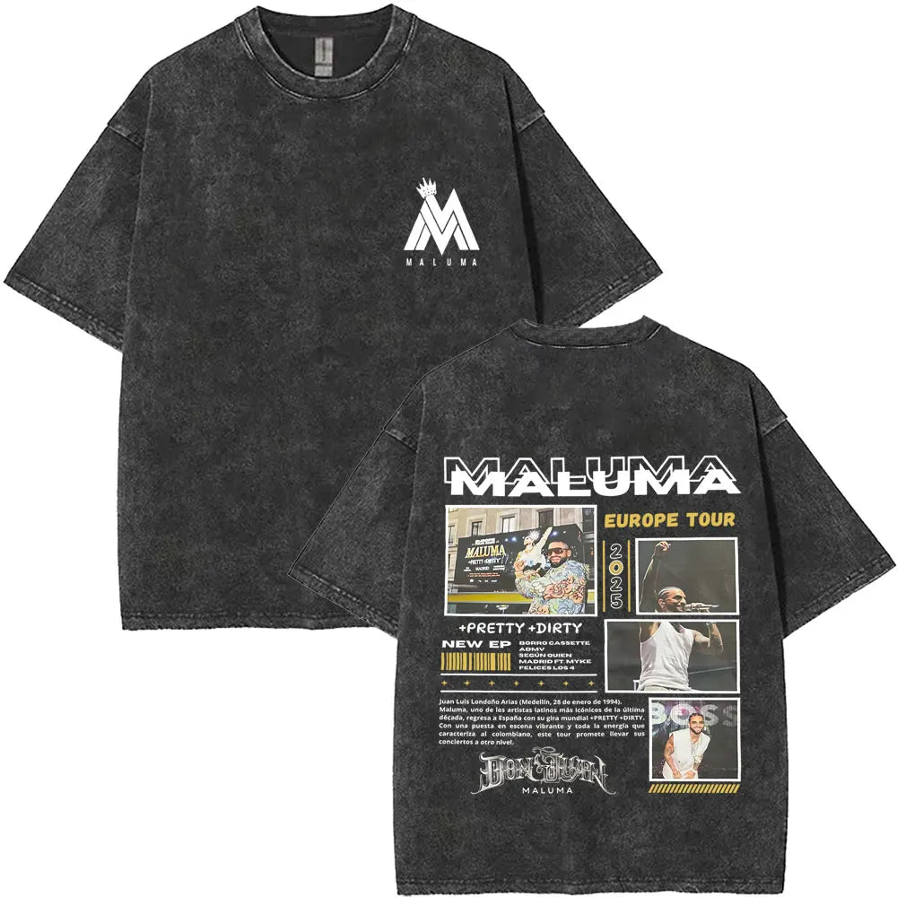 Vintage Washed Rapper Maluma Pretty Dirty Europet Tour 2025 T-shirt Men Women Fashion Oversized Tshirt Male Hip Hop Streetwear