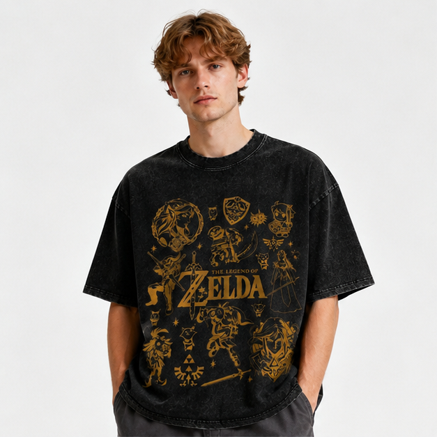 American-style acid-washed distressed Zelda game character print short-sleeved T-shirt, heavyweight retro wash, oversized, loose fit, unisex.