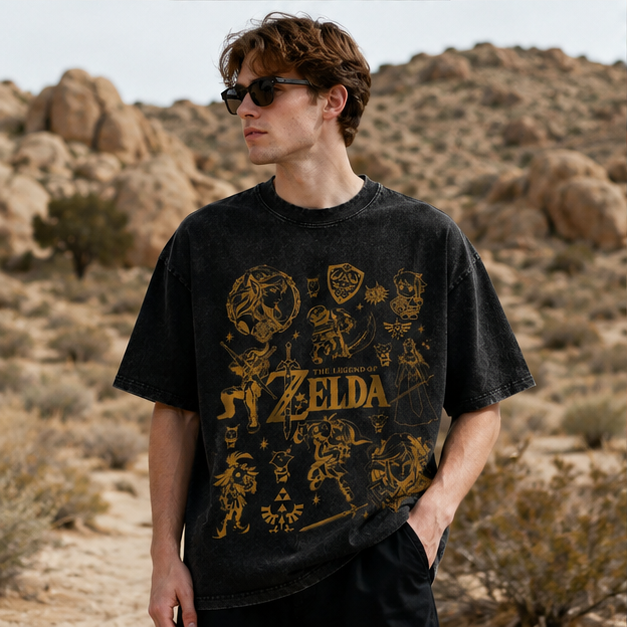 American-style acid-washed distressed Zelda game character print short-sleeved T-shirt, heavyweight retro wash, oversized, loose fit, unisex.