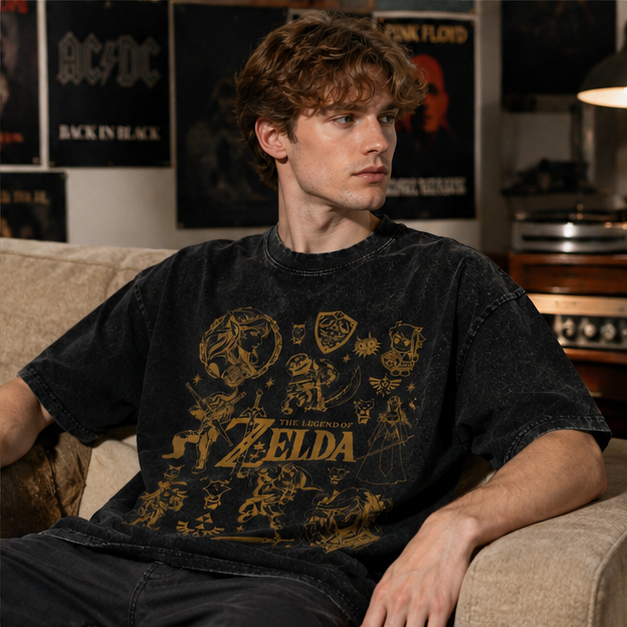 American-style acid-washed distressed Zelda game character print short-sleeved T-shirt, heavyweight retro wash, oversized, loose fit, unisex.
