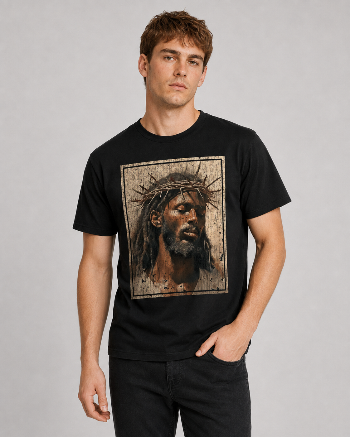Vintage-Wash Short-Sleeve T-Shirt | Oversized Unisex Fit – Distressed Print Featuring "Black Jesus" with Crown of Thorns