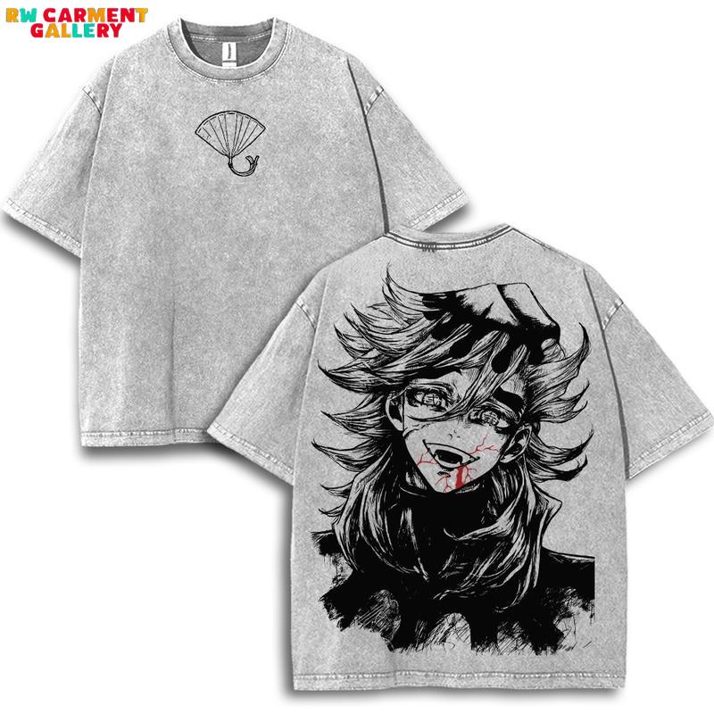 Doma Douma Upper Moon Rank 2 Demon Slayer Oversized Y2K Vintage Washed Cotton T-Shirt, Kimetsu no Yaiba Anime Double-Sided Printed Graphic Tee, Retro Casual Unisex Oversize Anime Manga Acid Wash Streetwear, Otaku Top Fit, Gift For Anime Fan Manga Lover