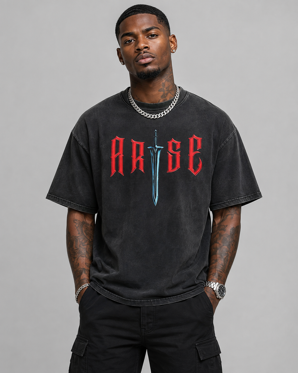 Vintage Acid-Wash "Arise" Dark Knight Reversible Short-Sleeve Tee – Distressed High-Street Oversized Fit Featuring a Demon Warrior in Red Armor Wielding a Greatsword