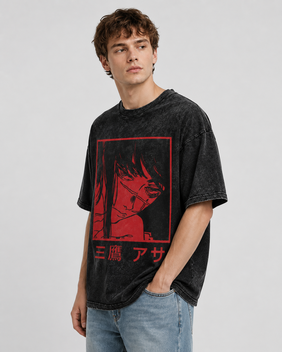 American-style acid-washed distressed short-sleeved T-shirt with red border and Japanese anime girl print. Heavyweight retro wash, oversized, loose fit, unisex.