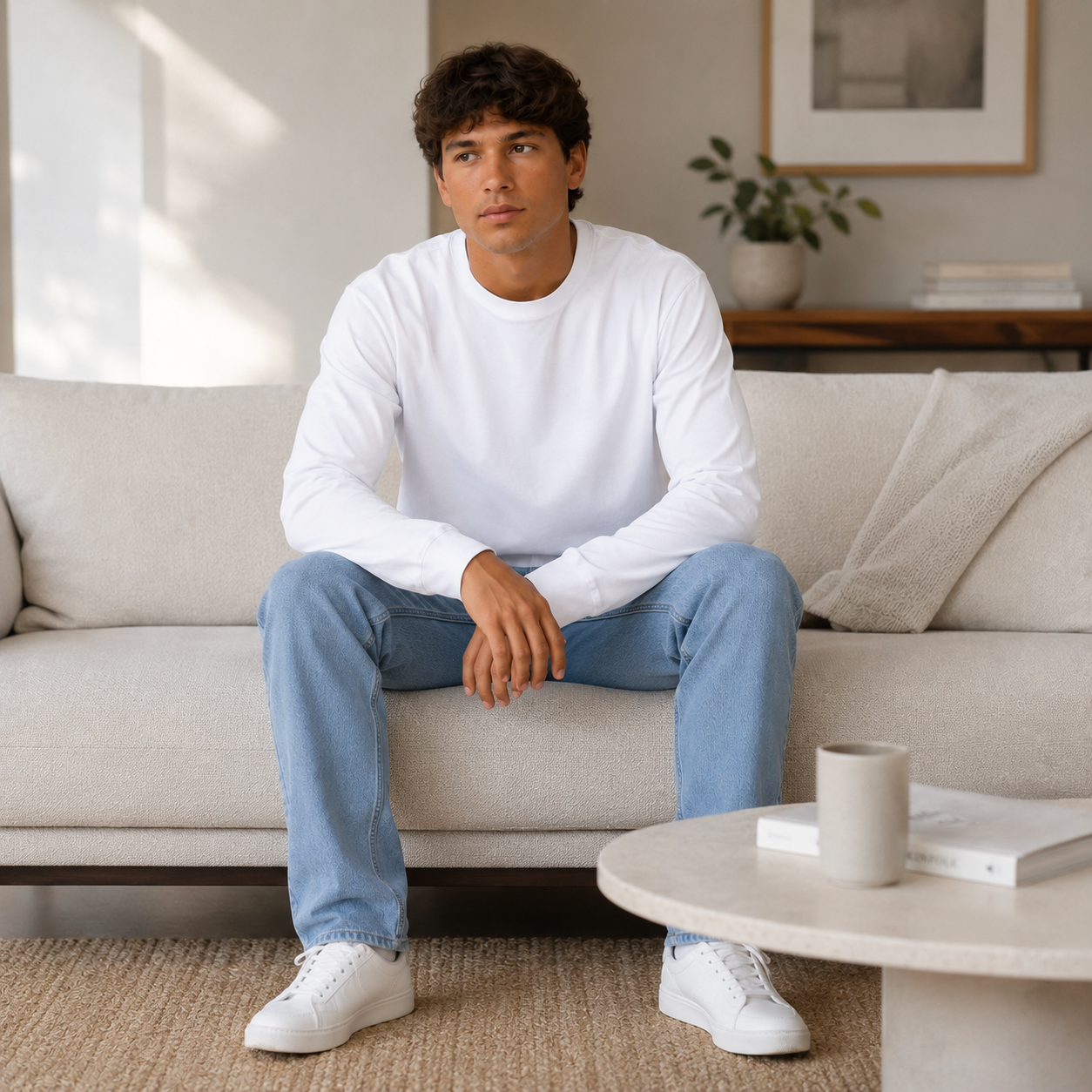 Heavyweight Pure Cotton Men's Long-Sleeve Crew Neck – Soft, Shape-Retaining, Classic & Versatile Casual Top
