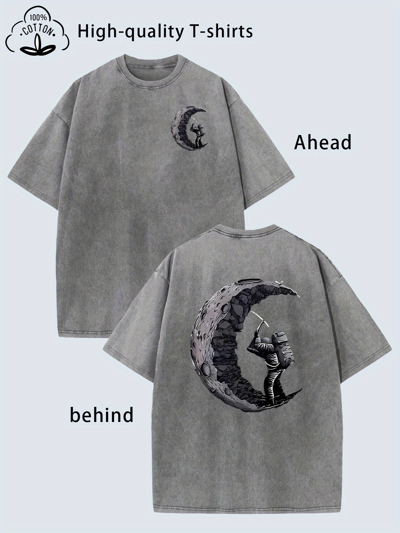 Men's Heavy-Duty Vintage Washed Astronaut & Moon Print T-Shirt - Soft Breathable Fabric, Loose Fit Retro Streetwear Style with Front/Back Space Design, Plus & Tall Sizes for all-Season Casual Wear (Crew Neck Short Sleeve)