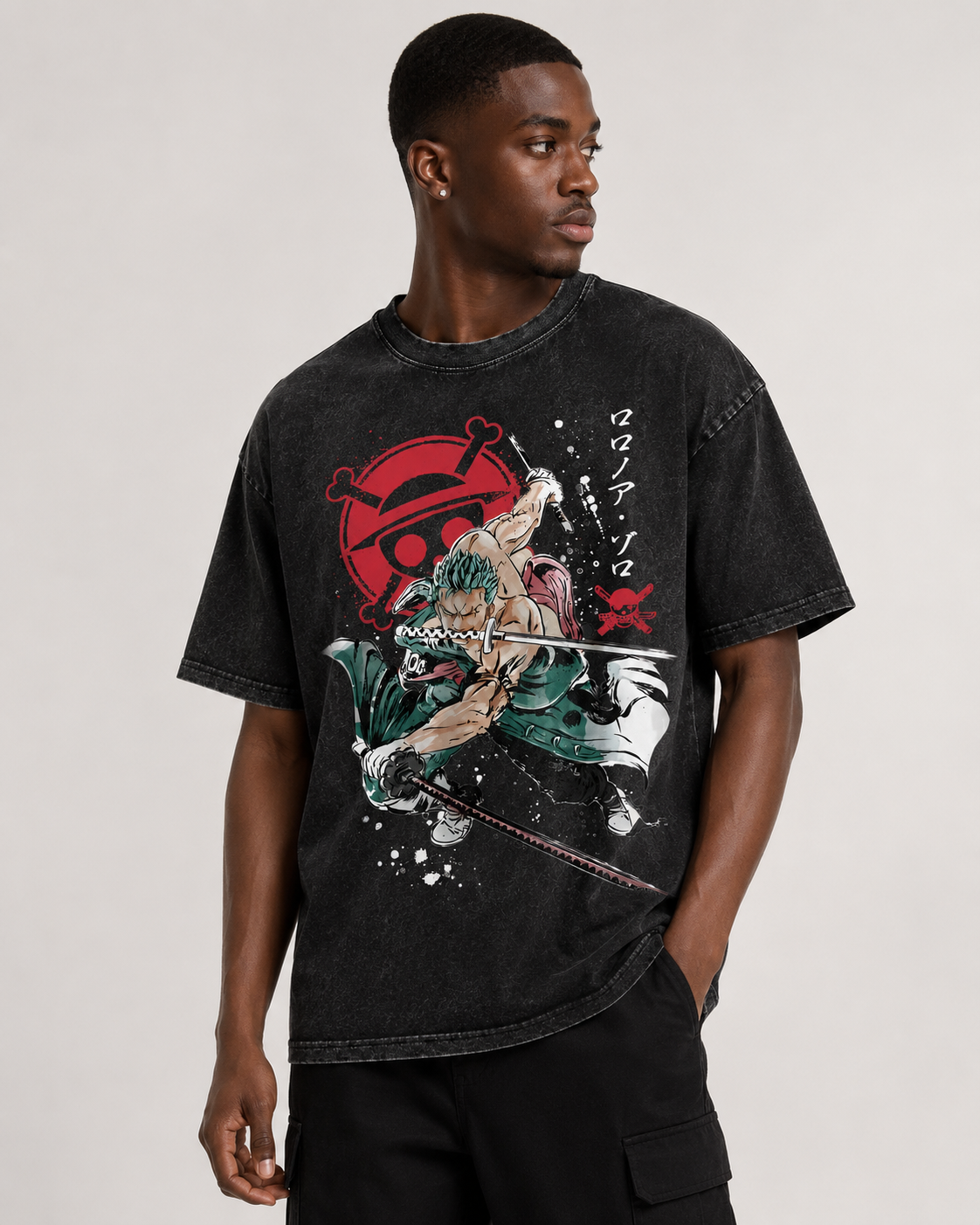 American-style acid-washed distressed One Piece Roronoa Zoro Three-Sword Style Print Short-Sleeve T-Shirt, Heavyweight Wash, Oversized, Retro Anime Unisex T-Shirt