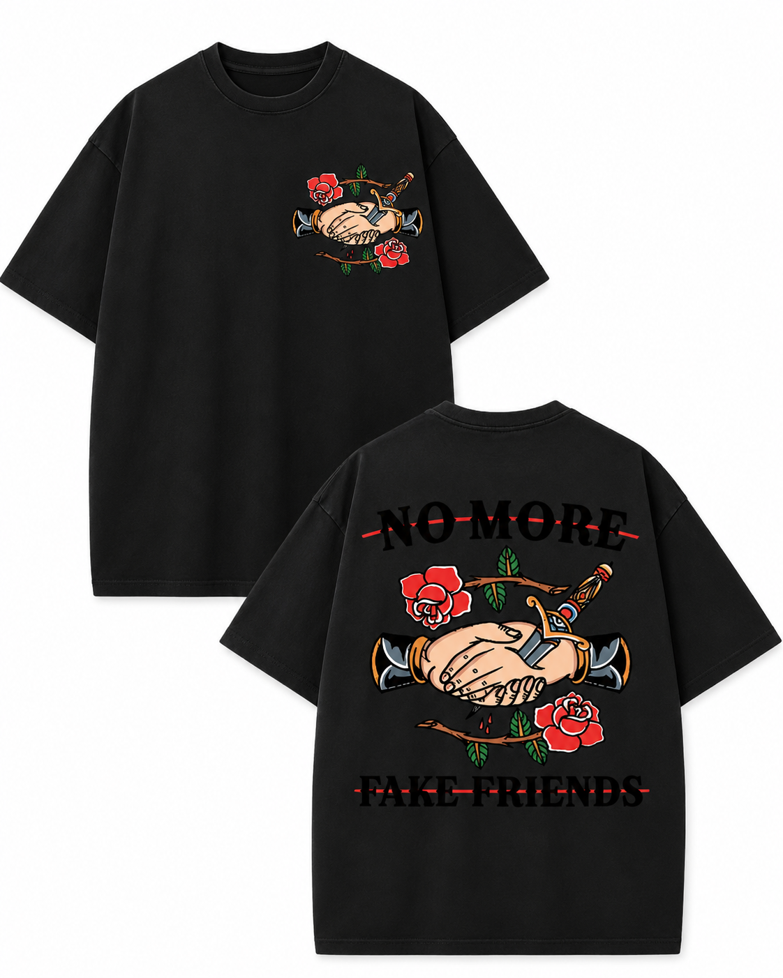 Women's Oversized Streetwear T-Shirt: Washed-Finish Pure Cotton with "Old School" Tattoo-Style Double-Sided Print (Rose, Dagger, and Handshake Motif)