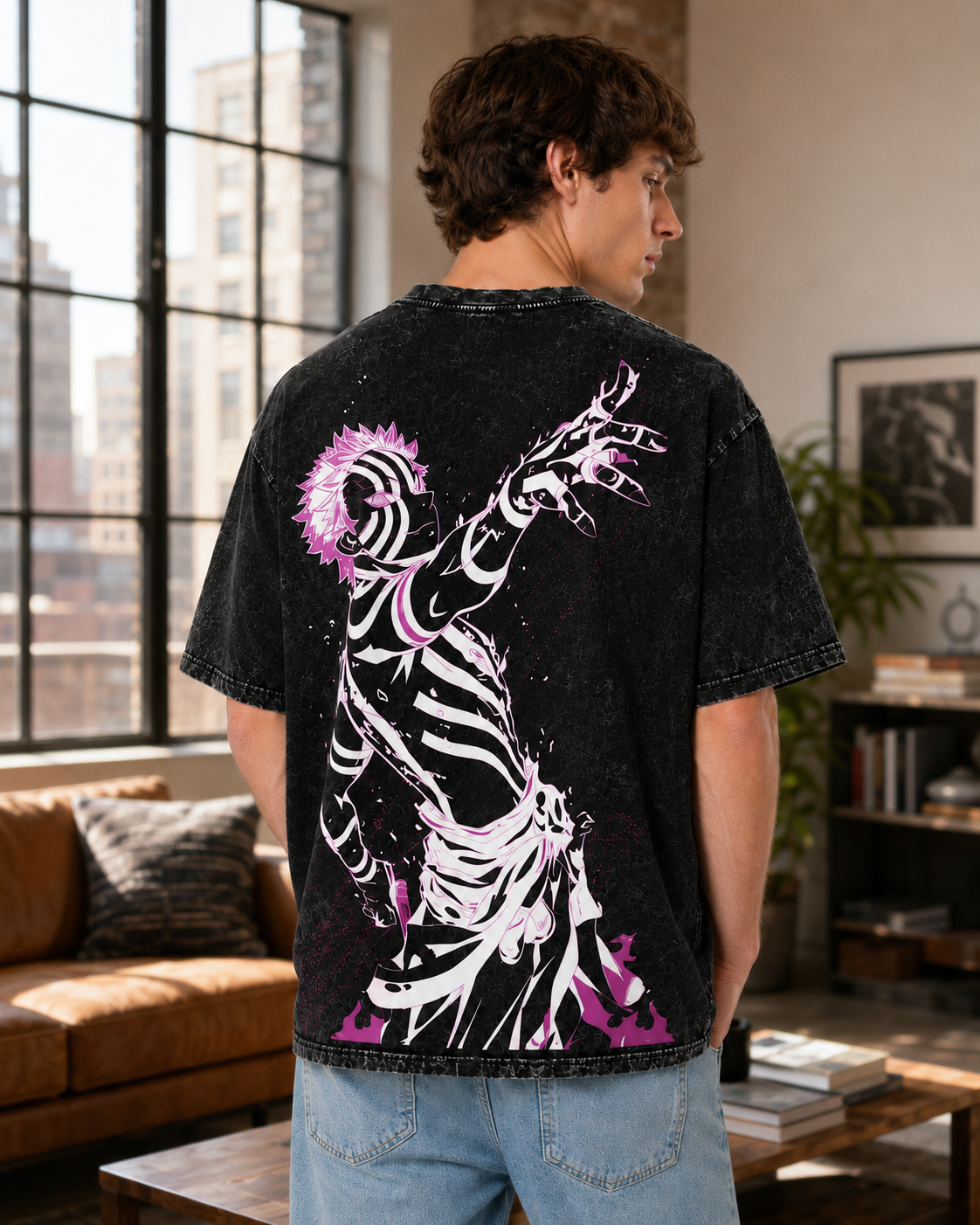 American-style acid-washed distressed Demon Slayer Akaza demon eye print short-sleeved T-shirt, heavyweight retro wash, oversized, unisex anime T-shirt.