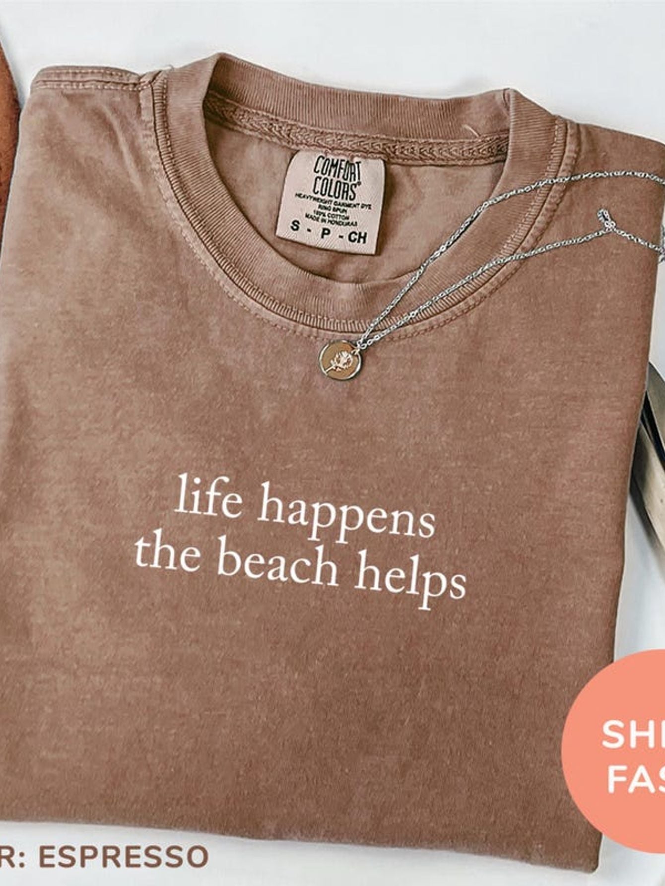 Men'S Washed T-Shirt with "Life Happens The Beach Helps" Print - Bohemian Style Coffee Brown Short Sleeve Round Neck Casual Summer Beachwear, All-Season Comfort Fit for Vacation & Everyday Outfits, Soft Breathable Fabric (Local Warehouse Stock)