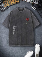 Men'S Casual Retro Washed 230g 100% Black Short Sleeve T-Shirt with Rose | Breathable, Sweat-Absorbent, Comfortable, All-Season, Machine Washable, Perfect Holiday Gift for Friends, Sweat-Resistant