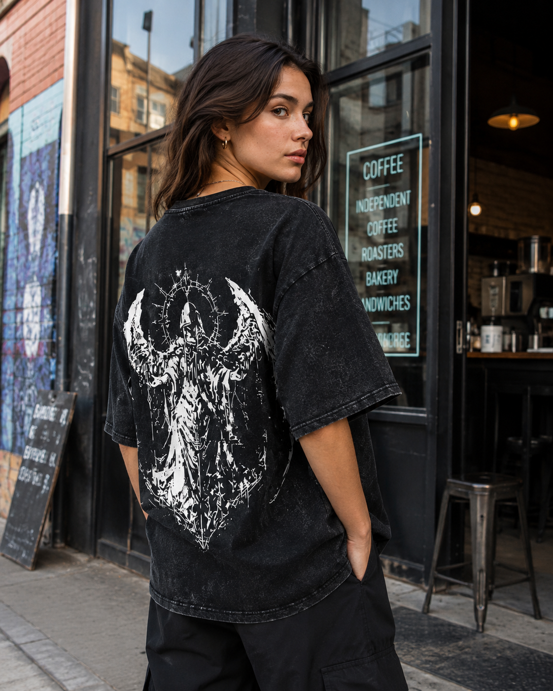 Vintage-wash black T-shirt featuring double-sided prints of a fallen archangel with a thorn halo; dark, heavy metal, and gothic style; loose-fitting short-sleeve unisex design.