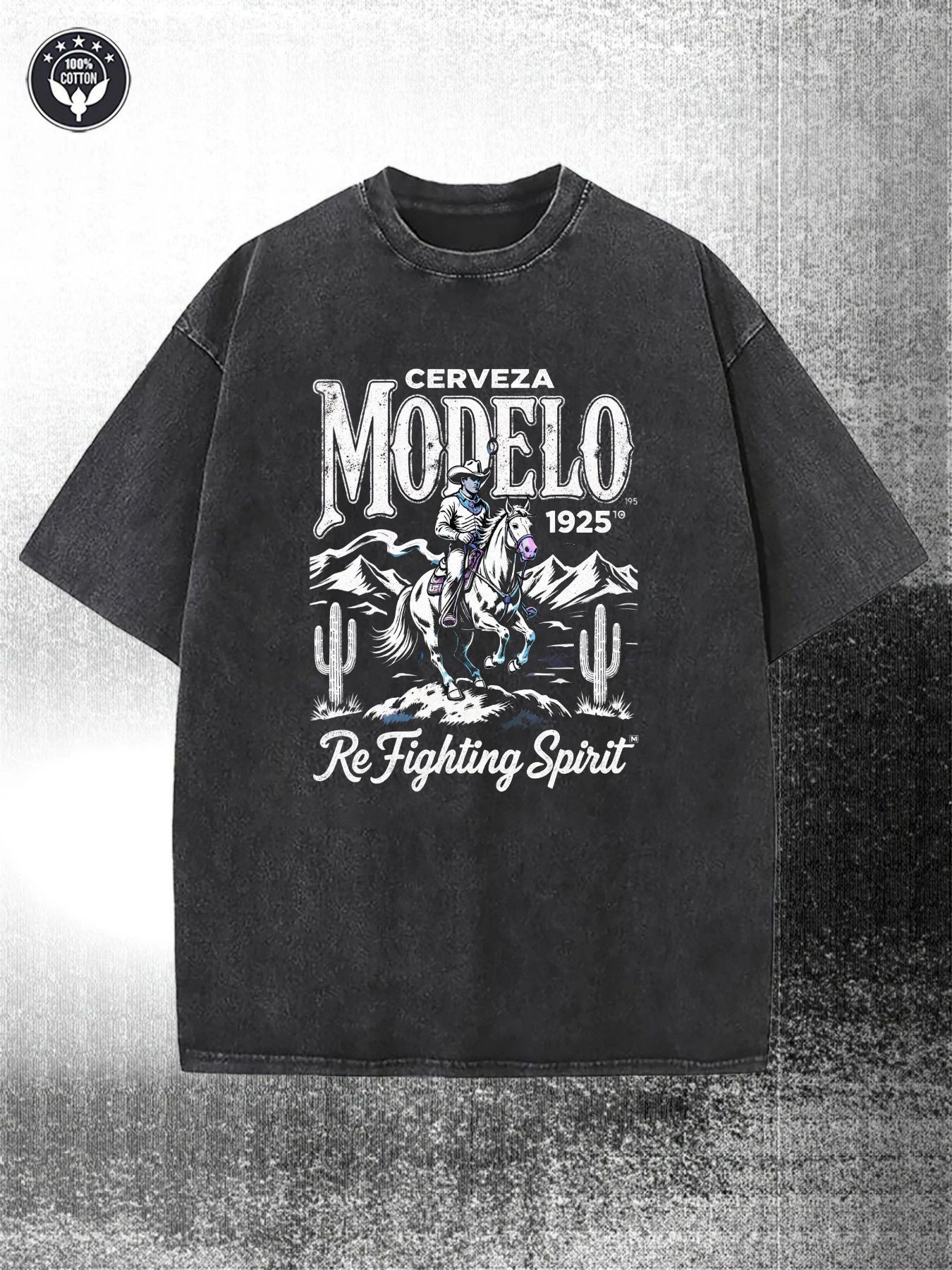 Men'S Vintage Western Pattern 230G Heavy Washed Embroidered Black Faded Denim & Cactus Desert Print T-Shirt | Crew Neck, Casual Short Sleeve, Suitable for Outdoor and Daily Wear, All-Season Streetwear with Cerveza 1925 & Re Fighting Spirit Design