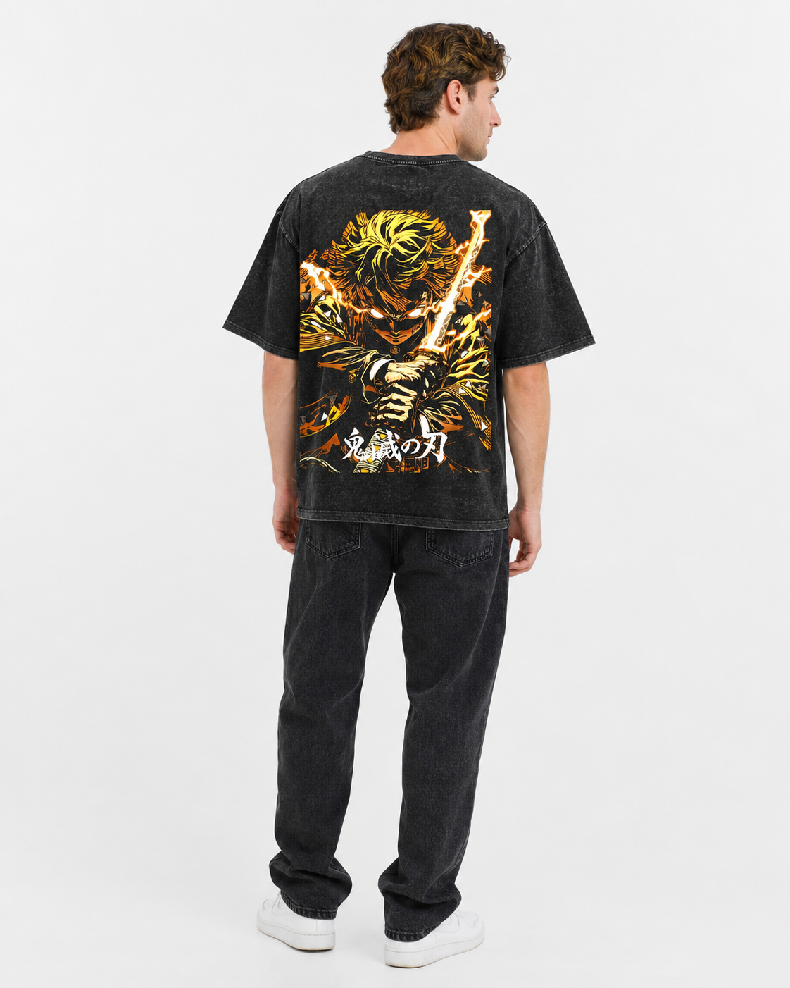 Vintage Stone Wash Demon Slayer Zenitsu Lightning Samurai Print Short-Sleeve Top, High Street Heavyweight Cotton Drop-Shoulder Anime Style