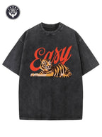Double-sided printVintage Creative Pattern "Easy Tiger" Printed Washed T-shirt Heavy 230g Pure Cotton Washed T-shirt Falling Shoulder T-shirt Men'S Retro Street T-shirt Basic T-shirt Loose Hip Hop Universal Top Washed Retro T-shirt