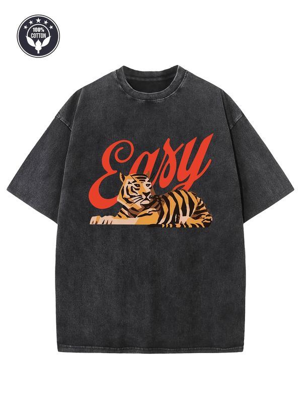 Double-sided printVintage Creative Pattern "Easy Tiger" Printed Washed T-shirt Heavy 230g Pure Cotton Washed T-shirt Falling Shoulder T-shirt Men'S Retro Street T-shirt Basic T-shirt Loose Hip Hop Universal Top Washed Retro T-shirt
