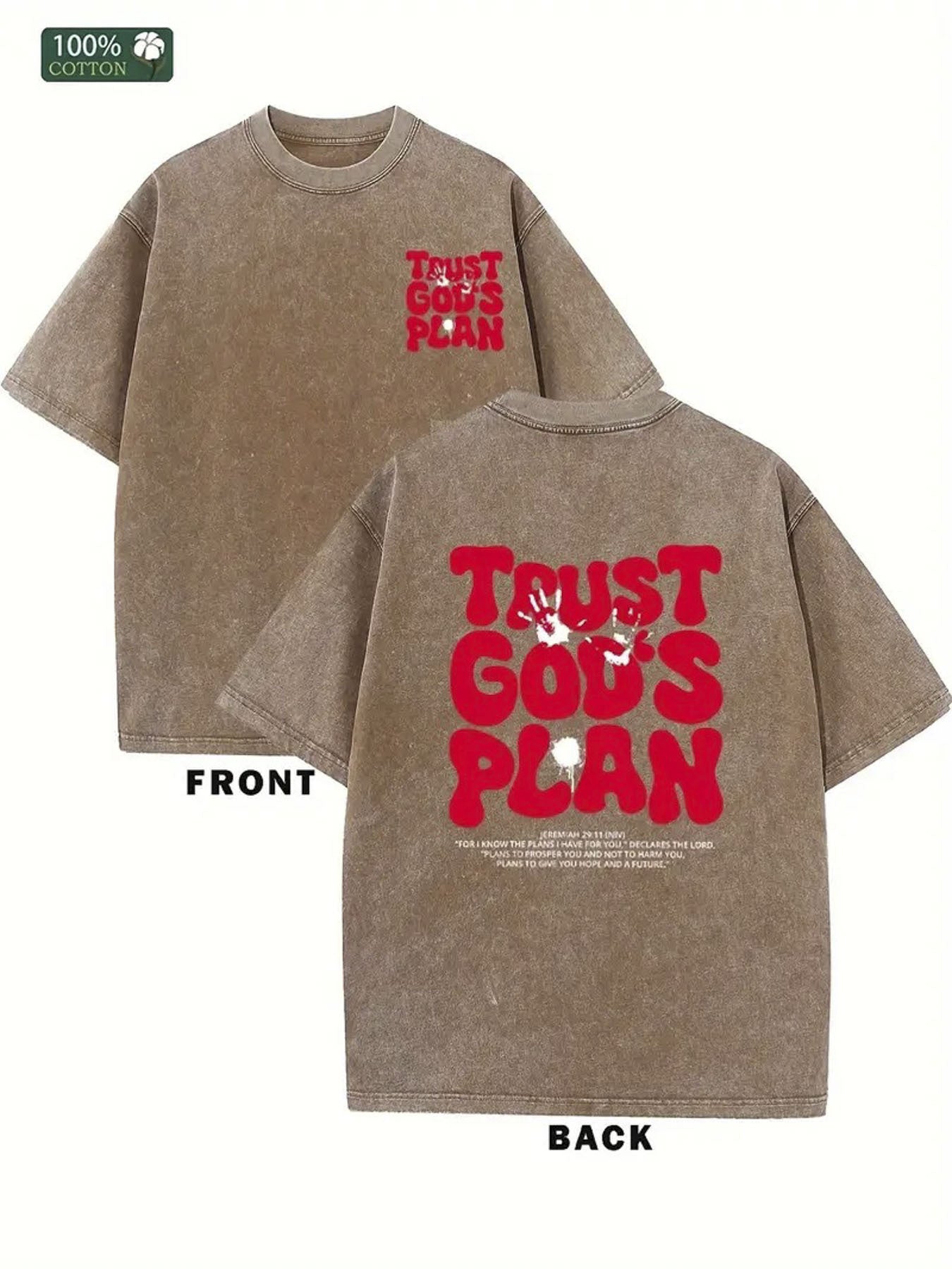 1pc Men'S Vintage Washed T-Shirt with "Trust God'S Plan" & Bible Verse Design - Double-Sided Christian Faith Print, Casual Streetwear Crew Neck Tee, All-Season Comfort, Inspirational Gift for Men (Psalm 23:4 Inspired)