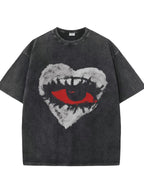 Couples Retro Washed Print T Shirt Heart Eye Graphic Faded Design Round Neck Short Sleeve Oversized Relaxed Fit Straight Hem Artistic Pattern Display