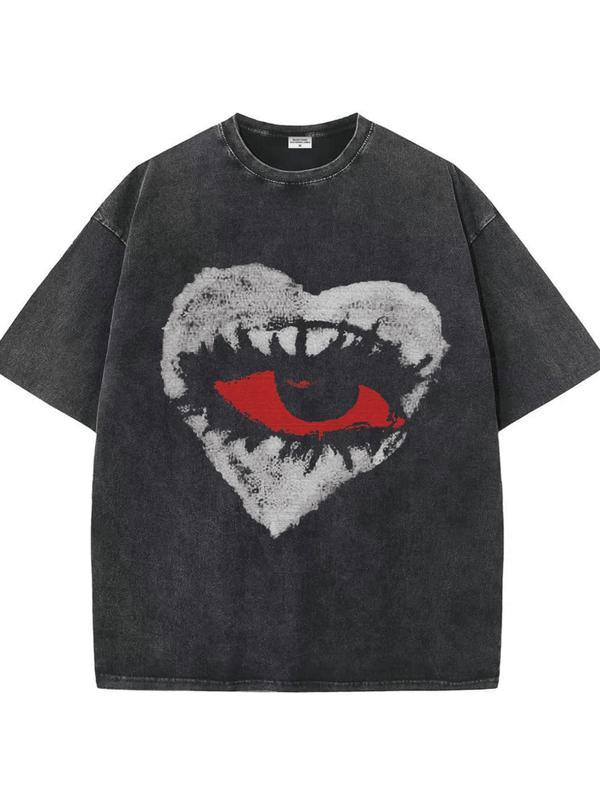 Couples Retro Washed Print T Shirt Heart Eye Graphic Faded Design Round Neck Short Sleeve Oversized Relaxed Fit Straight Hem Artistic Pattern Display