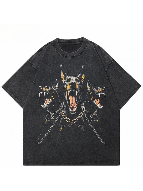 Men's vintage washed cotton T-shirt 230 grams, 2024 vintage washed black T-shirt, street style pattern Doberman Labrador T-shirt, cotton fashion