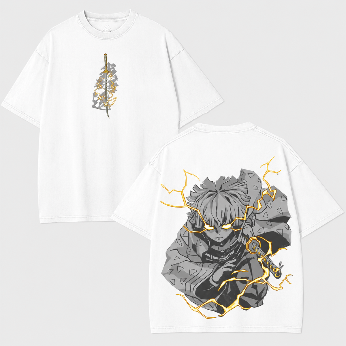 Retro stonewashed Zenitsu anime short-sleeved T-shirt, Demon Slayer lightning print distressed anime style loose fit.