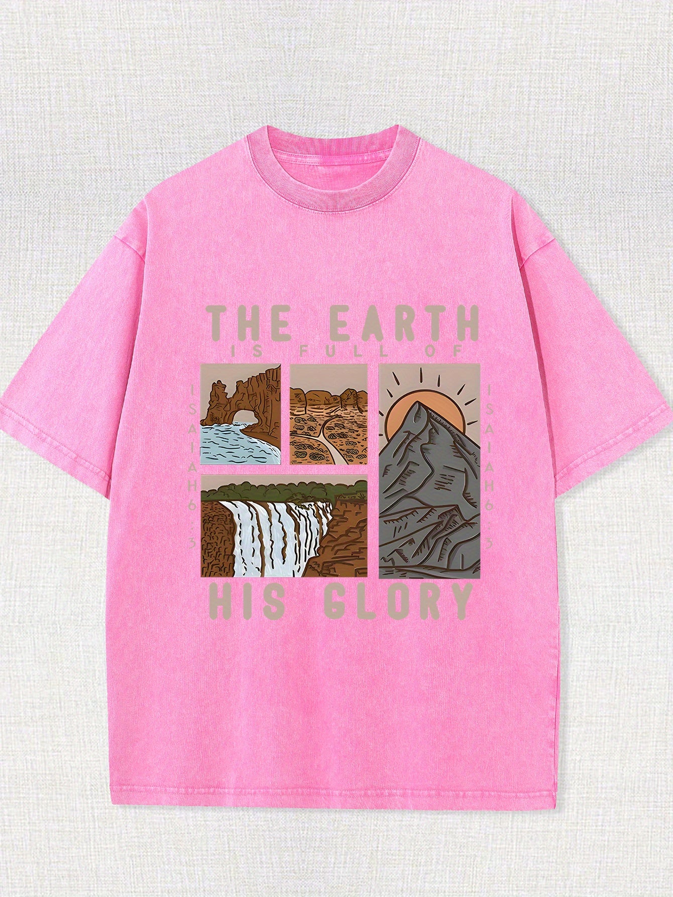 [Casual Style] Men's vintage washed cotton T-shirt - featuring the pattern of "The Earth is His Glory" and mountain and river prints, casual and loose-fitting, breathable short-sleeved T-shirt, suitable for casual wear and outdoor activities, vintage wash