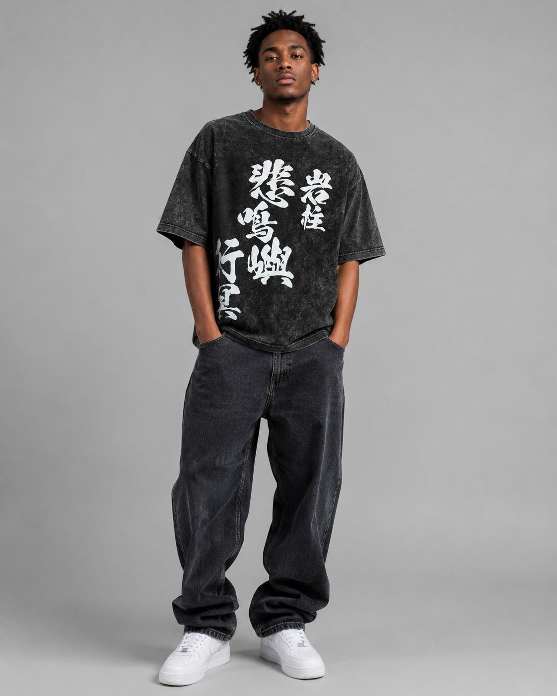 Vintage-Wash Short-Sleeve T-Shirt | *Demon Slayer* Gyomei Himejima (Stone Hashira) Double-Sided Manga & Calligraphy Print – Unisex Oversized Fit