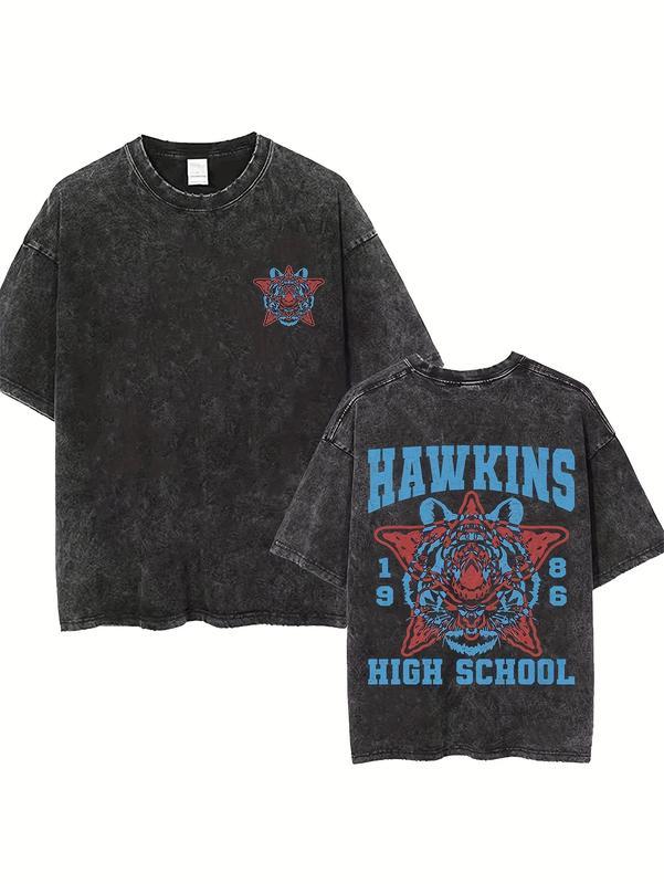 Couples Vintage Washed Print T Shirt Featuring Hawkins High School Tiger Graphic with Star Design Crew Neck Short Sleeve Loose Fit Rounded Hem Graphic Tee