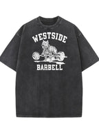 Men'S Heavyweight 230gsm 100% Washed Retro Western Barbell Gym T-Shirt - Vintage Strength Training Graphic Print, Loose Fit Casual Workout Shirt for Gym