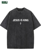 Jesus is King washed cotton T-shirt, streetwear, aesthetic pattern, casual T-shirt, unisex