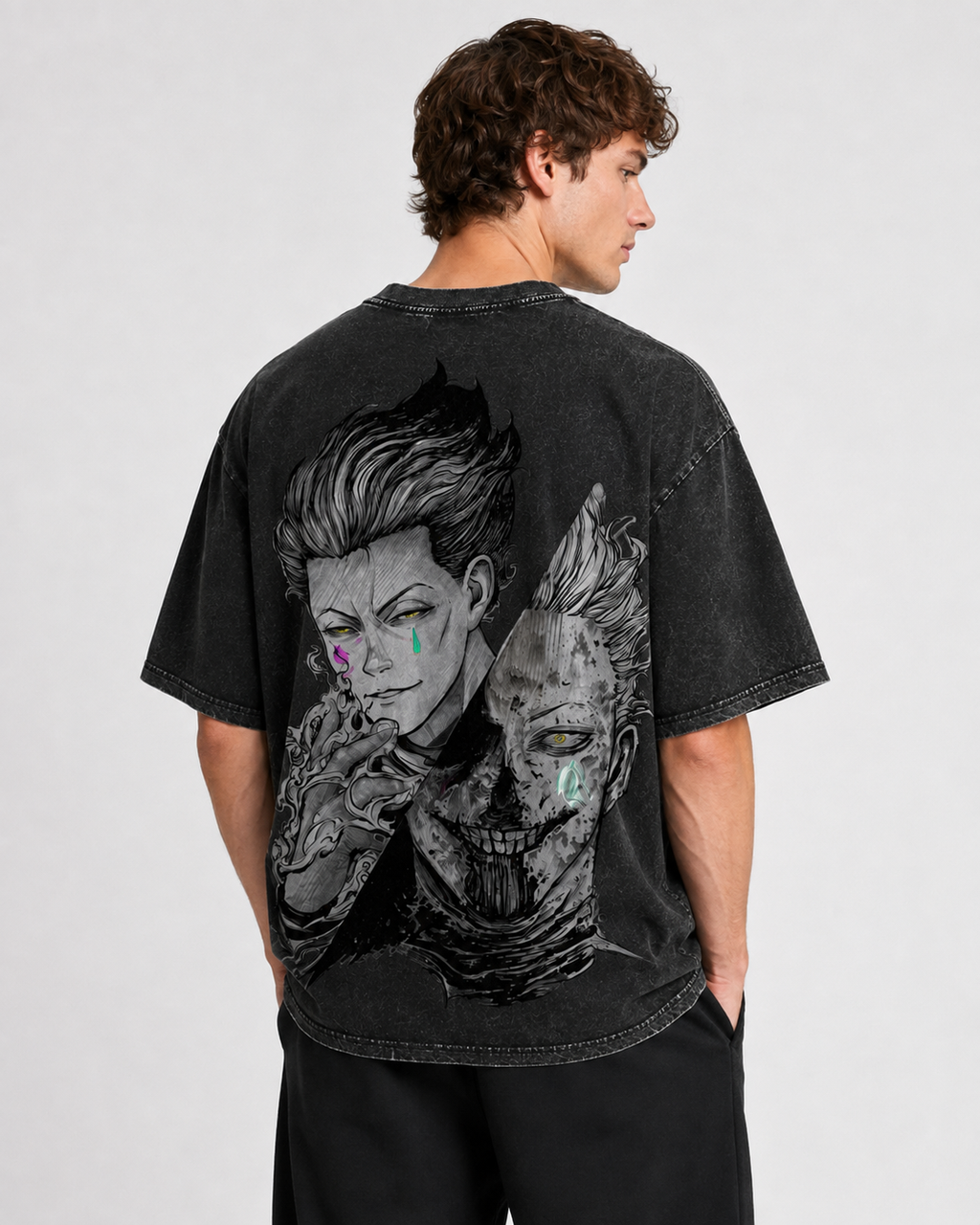 Vintage-Wash Short-Sleeve T-Shirt | *Hunter x Hunter* Hisoka Double-Sided Dark Split-Portrait Oversized High-Street Unisex Tee