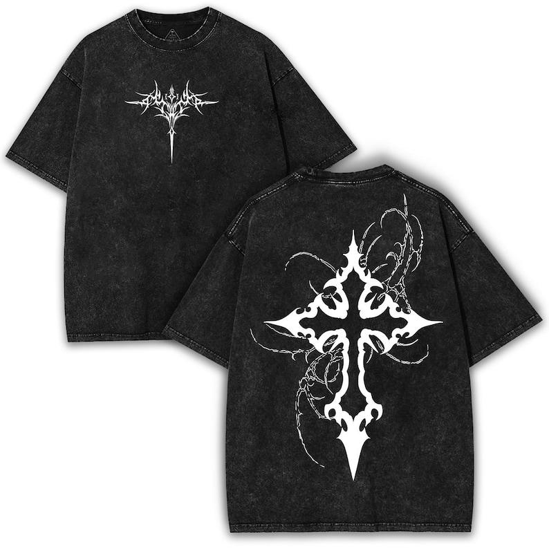 Vintage-Wash Distressed Short-Sleeve T-Shirt | Gothic Thorn Cross Double-Sided Print | Dark Subculture Style | Unisex Oversized Fit