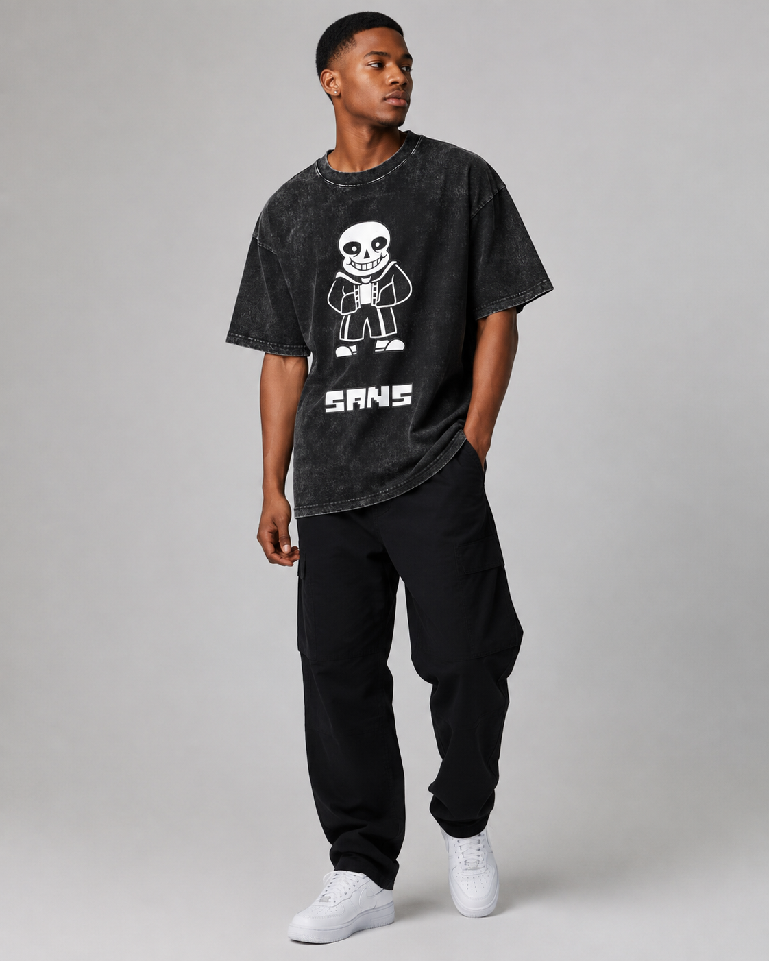 Undertale Sans Pixel Skull Stonewashed Distressed T-Shirt, Drop-Shoulder Loose Fit, Heavyweight Cotton, European and American Game Subculture Unisex Couple Retro Top