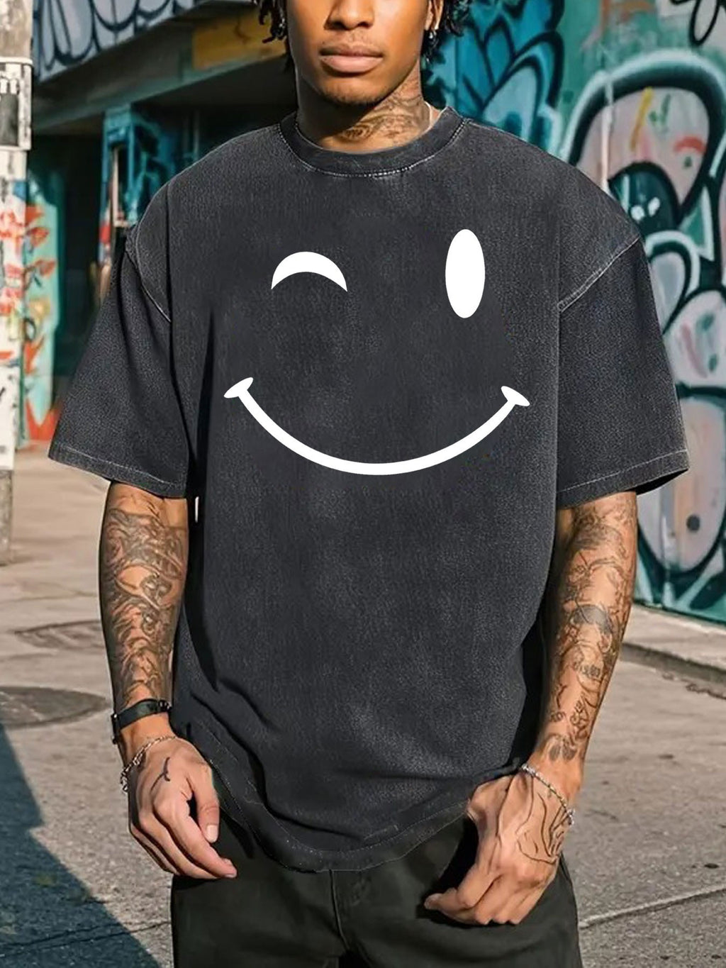 Men'S Vintage Print Heavy Washed Tee | Street Retro Style, Crew Neck, Loose Fit, Soft Comfortable Breathable, All-Season Casual Wear