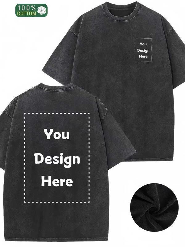 Retro washed high-quality cotton double-sided printed T-shirt, men's T-shirt, retro summer outfit, off shoulder sleeves, round neck top, short sleeved shirt (customized pattern, please contact customer service)