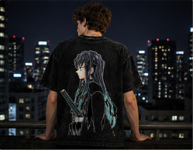Demon Slayer: Kimetsu no Yaiba Mist Hashira Muichiro Tokito Sword Pattern Stonewashed Distressed T-Shirt, Drop-Shoulder Loose Fit, Heavyweight Cotton, European and American Style, Unisex, Retro Couple Top