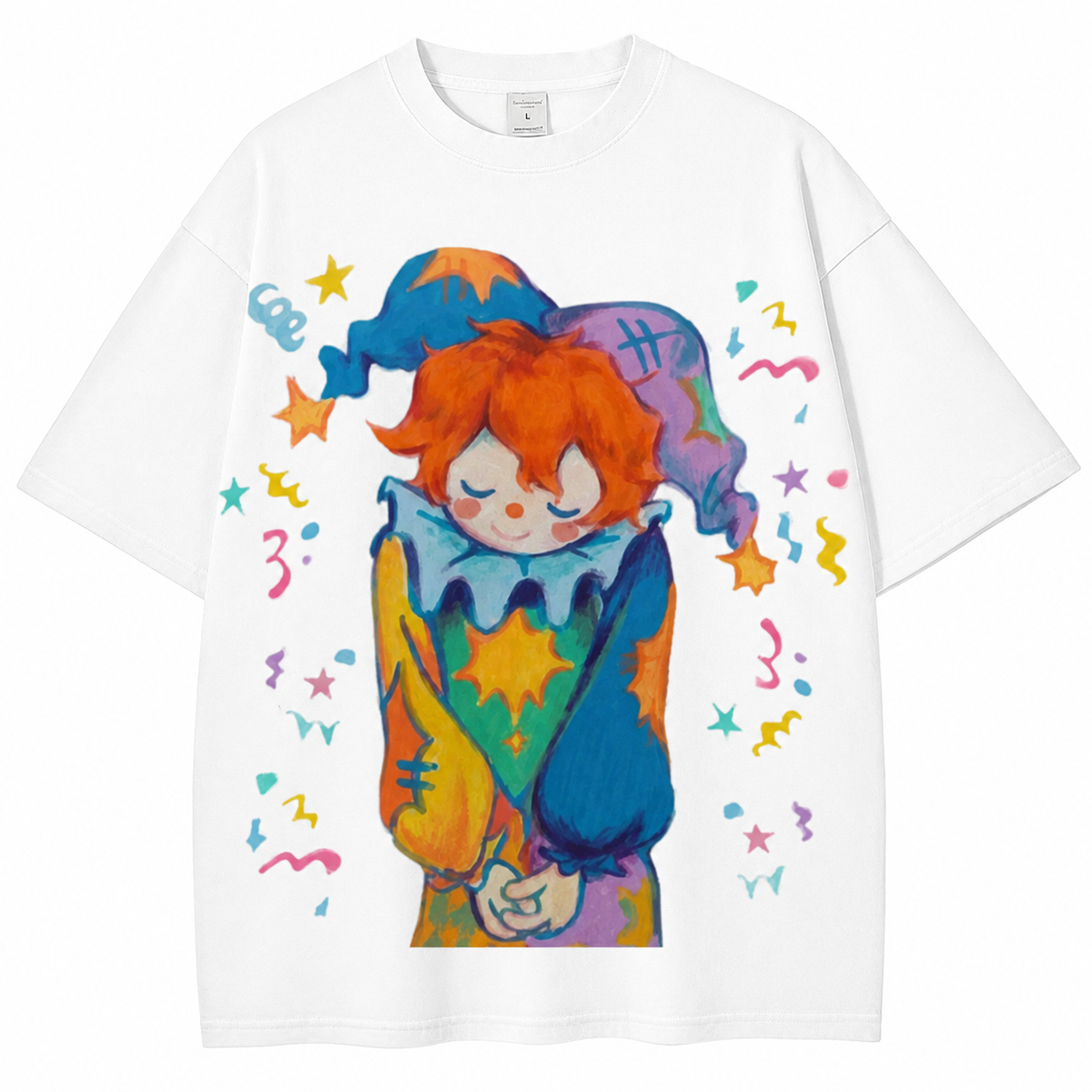 Hand-painted, colorful clown print, distressed wash, American heavyweight pure cotton, oversized, fun, retro, dopamine-inducing unisex T-shirt.