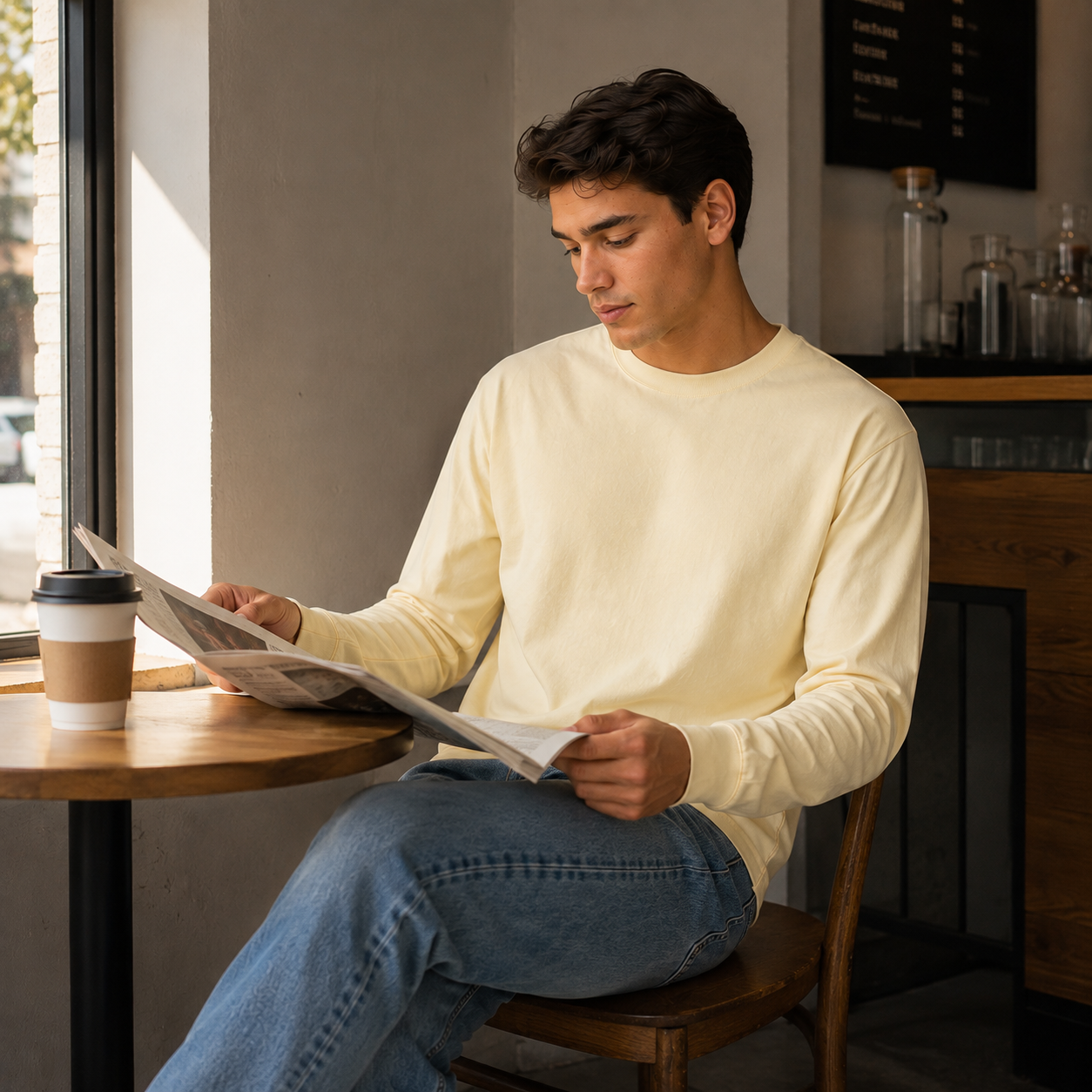 Men's apricot pure cotton crew-neck T-shirt—easy to style all year round.